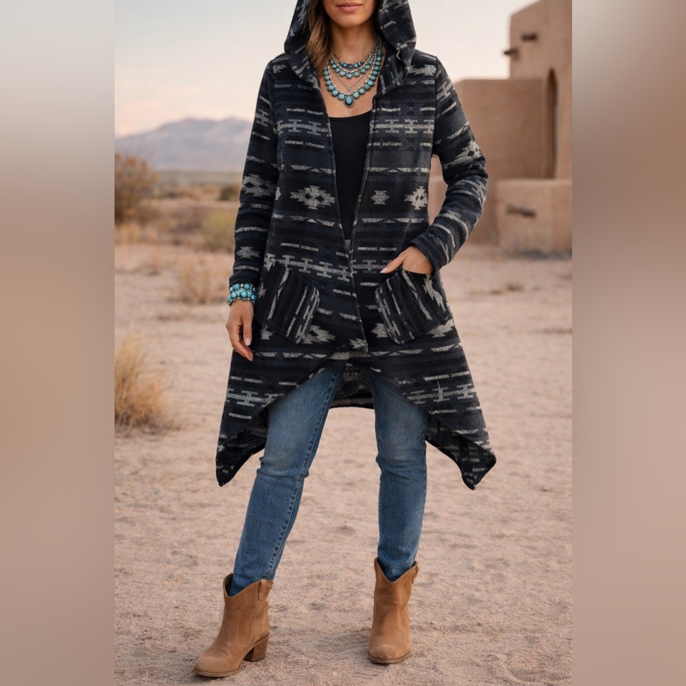 Tulle Southwest Asymmetrical Hooded Cardigan Festival Drape Open Front Jacket